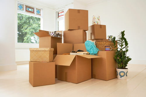 A room filled with moving boxes and various items-Property Nation