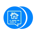 Blue and white icon featuring a house with a speech bubble-Property Nation