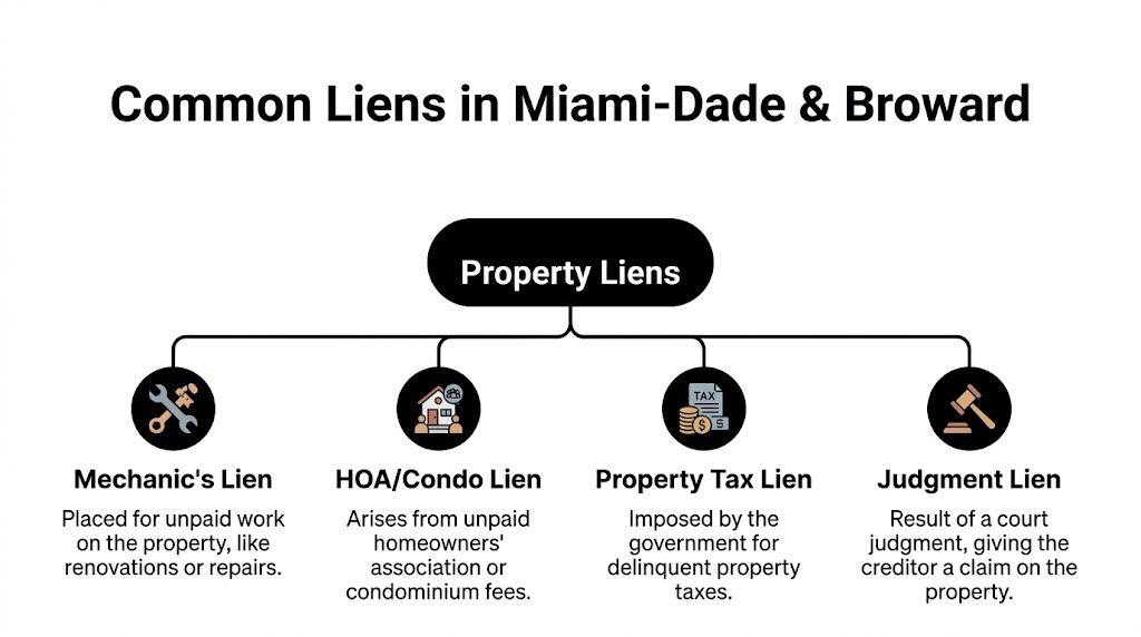 A diagram illustrating four common types of property liens in Miami-Dade and Broward counties.