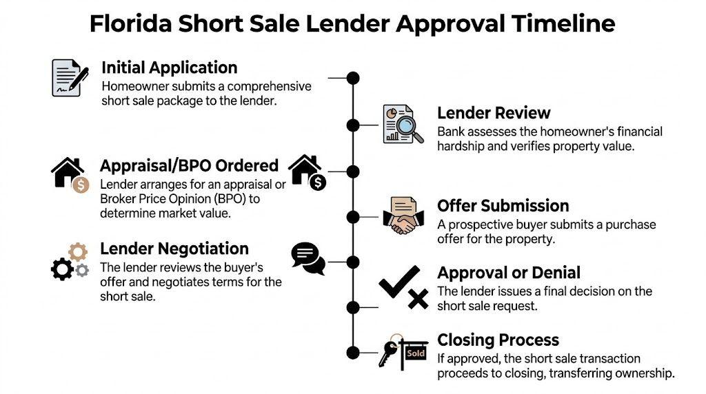 A flowchart infographic showing the steps of the Florida short sale lender approval timeline process.