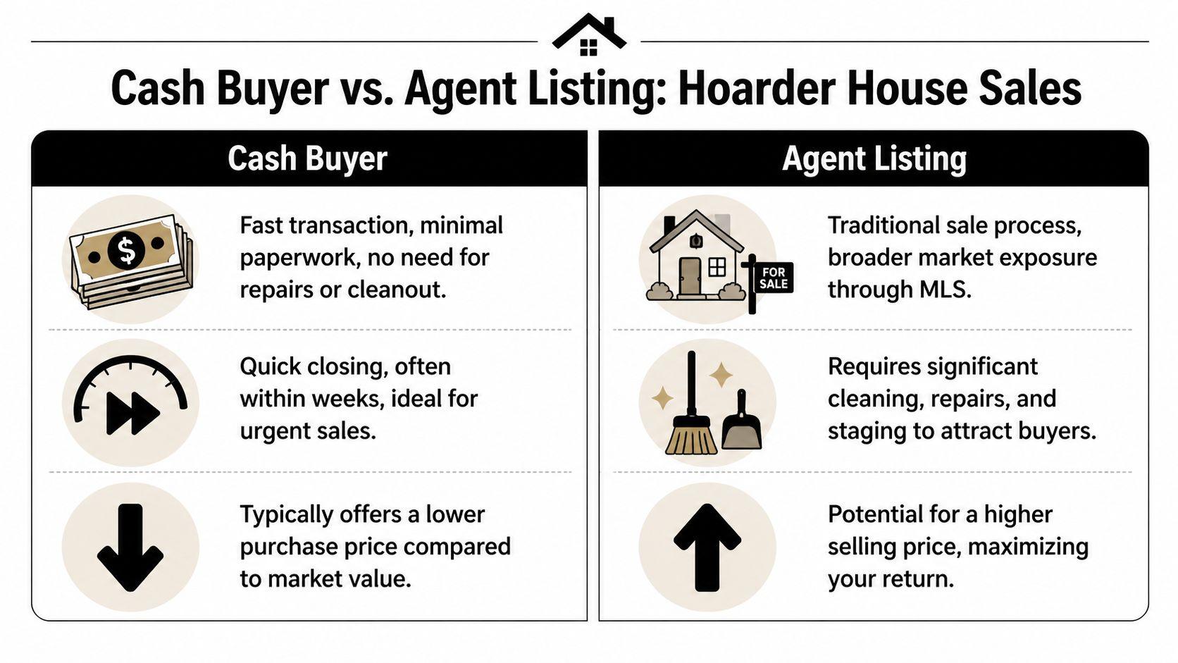 A comparison chart outlining the pros and cons of selling a hoarder house to cash buyers vs agents.