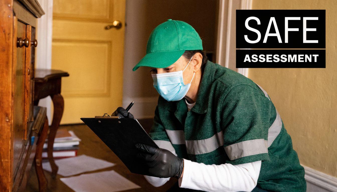 A professional inspector wearing a green uniform and face mask conducting a safe assessment of property.