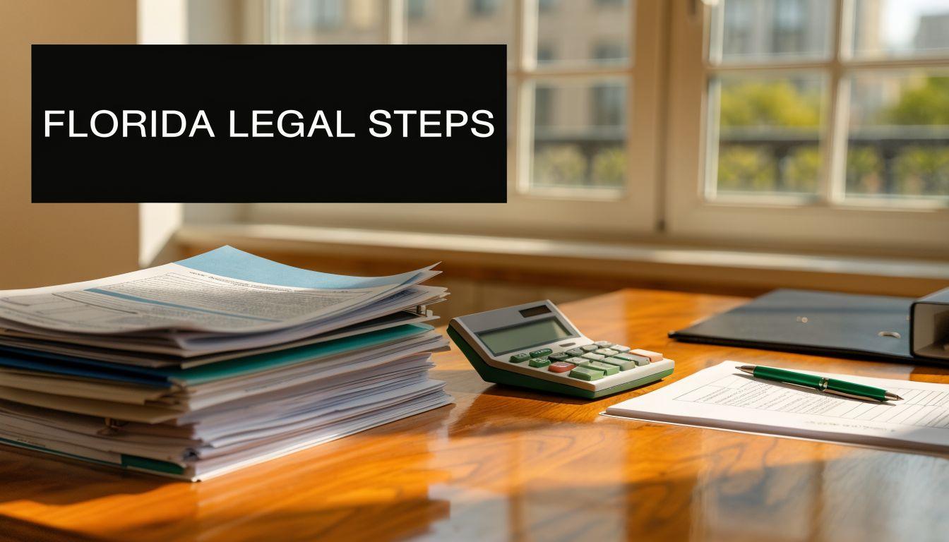A stack of legal documents and a calculator on a wooden office desk by a window.
