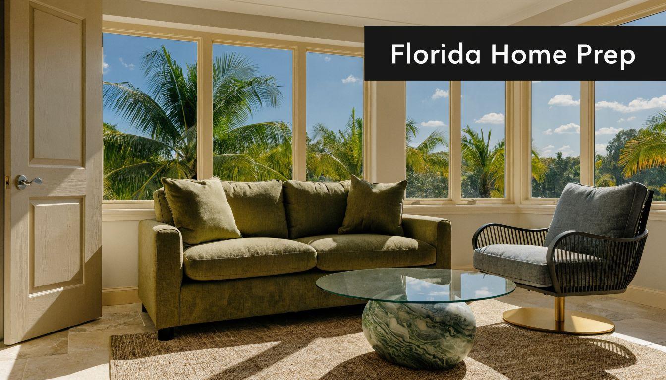 A bright living room in Florida featuring a green sofa, modern chair, and large windows with palm trees.