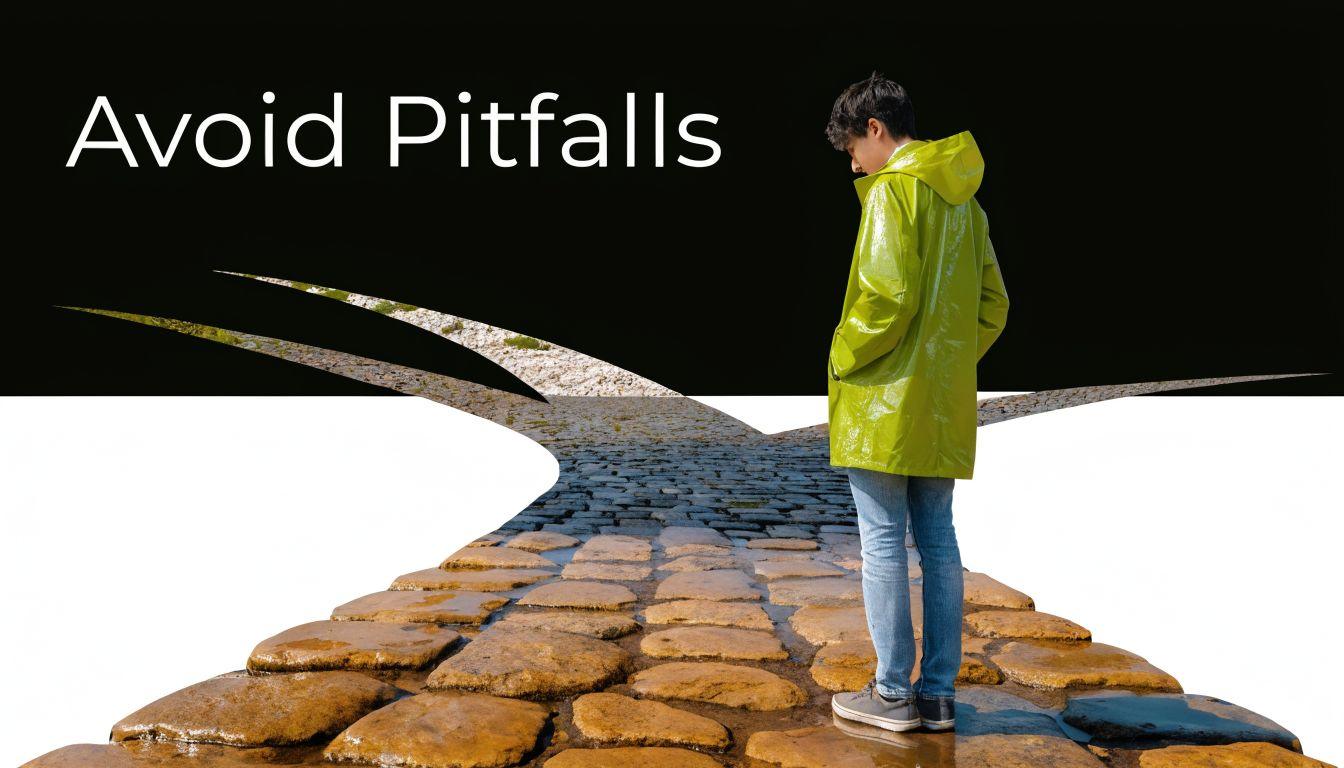 A person in a bright green raincoat standing at a fork in a stone path.