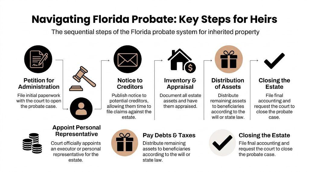A flow chart outlining the sequential steps of the Florida probate process for inherited real estate properties.