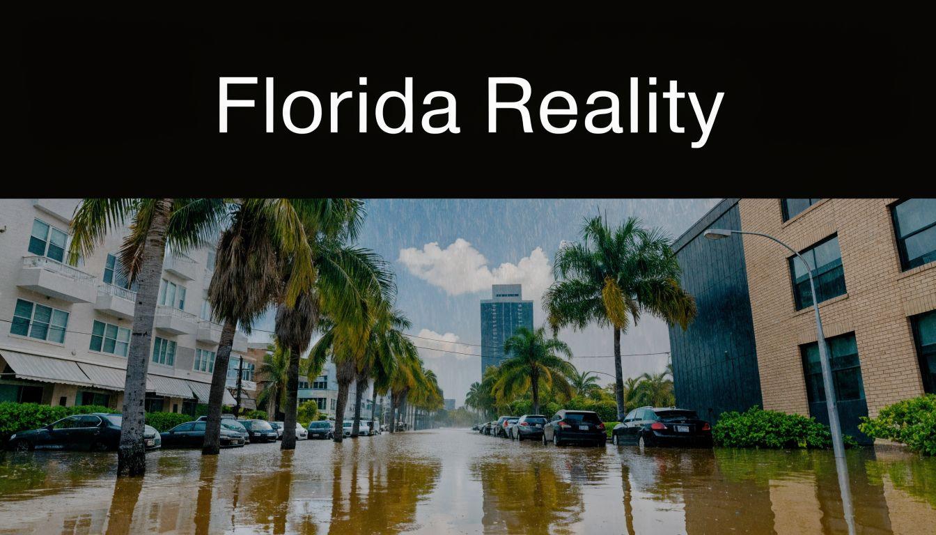 A flooded city street in Florida lined with palm trees and submerged cars during a storm.
