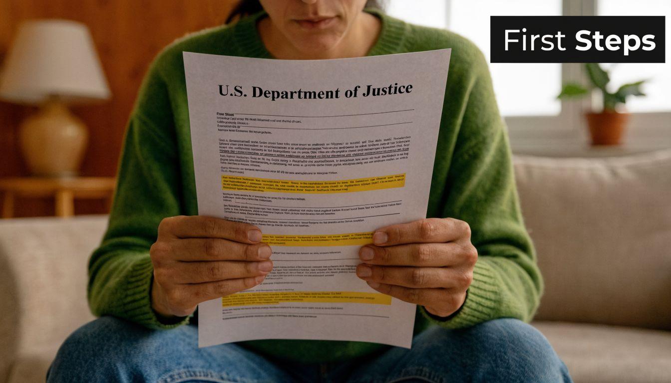A person holding a document labeled U.S. Department of Justice while sitting on a sofa.