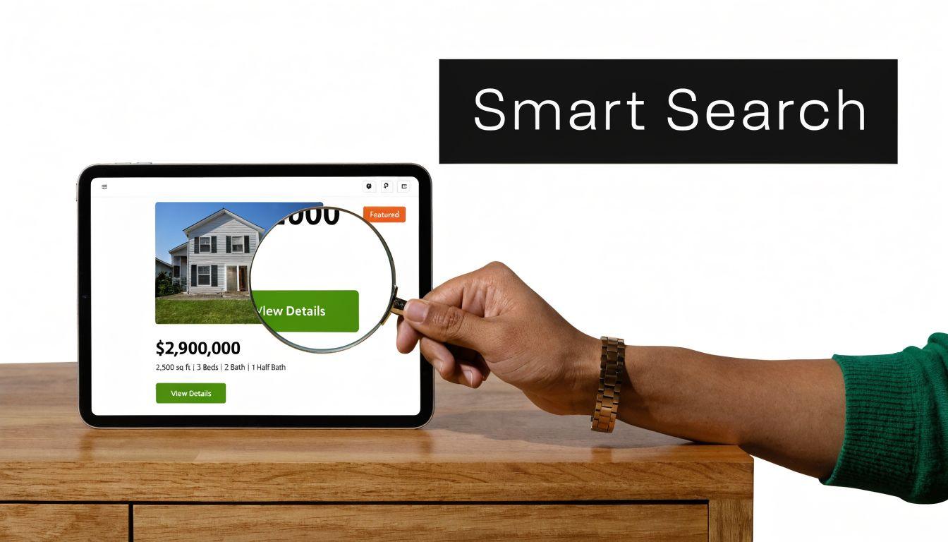 A hand using a magnifying glass to examine a real estate listing on a tablet screen.