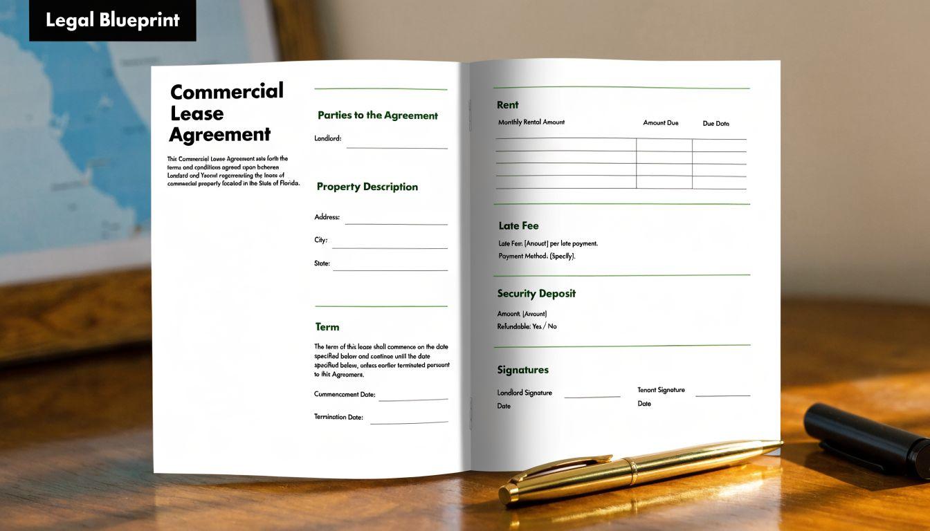A blank commercial lease agreement document resting on a wooden desk with a gold pen nearby.