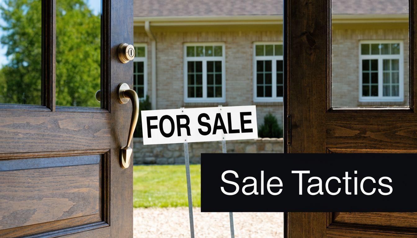 An open wooden front door looking out at a brick house with a For Sale sign in the yard.