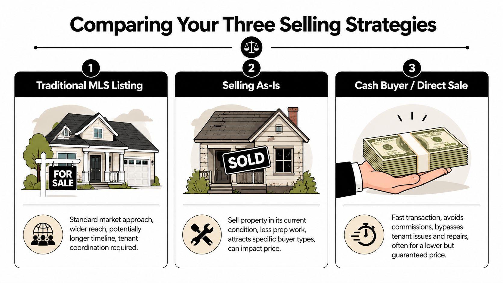 A comparison chart outlining three real estate strategies: traditional MLS listing, selling as-is, and direct cash sale.