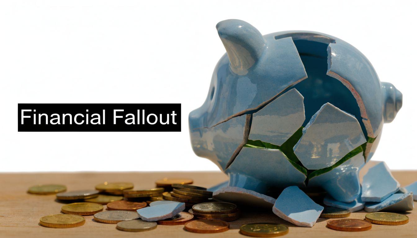 A shattered blue piggy bank lying on a wooden surface surrounded by scattered loose coins.