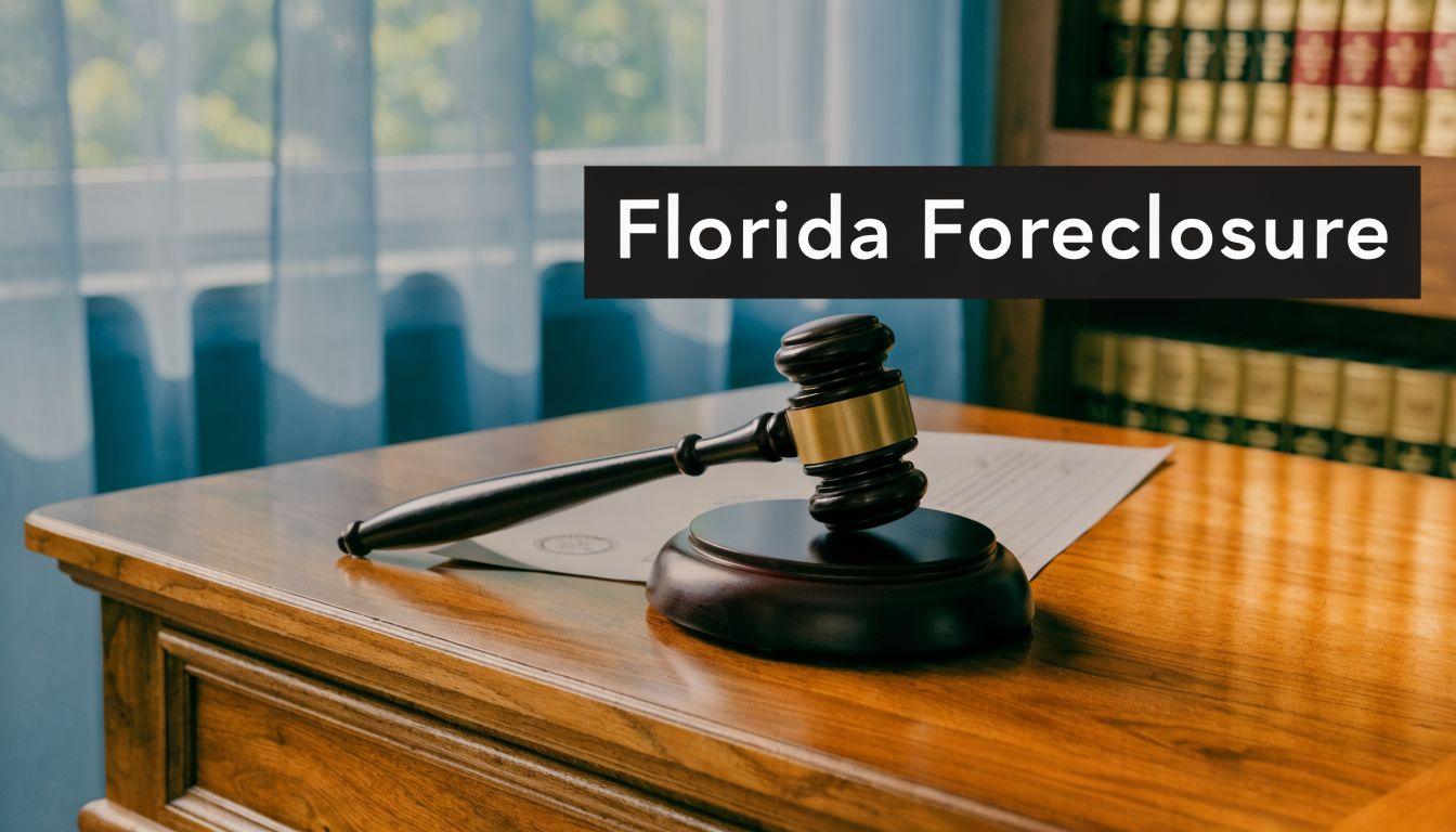 A gavel sits on a document on a wooden desk inside a law office library setting.