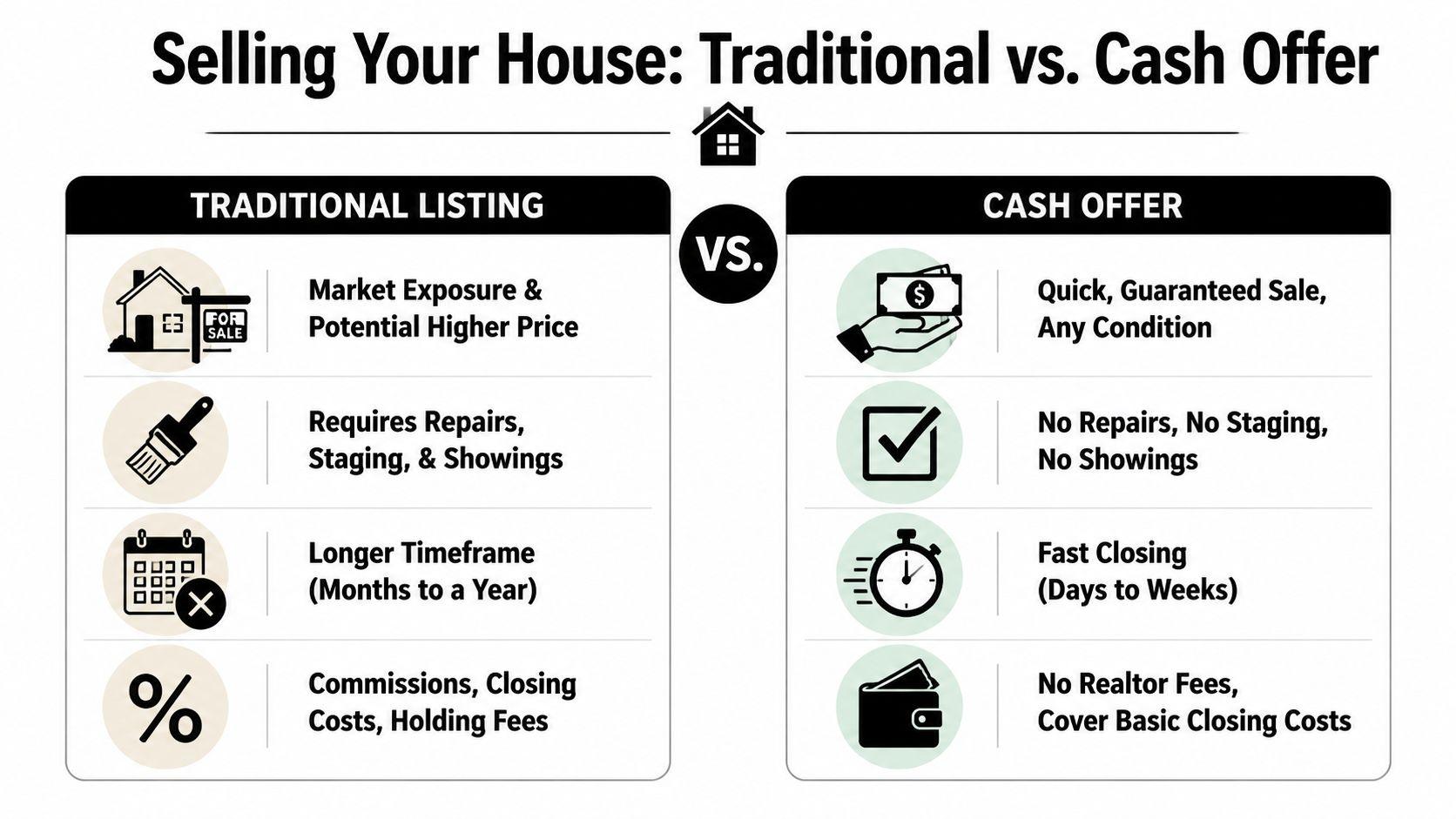 A comparison chart showing the differences between a traditional real estate listing and a cash offer home sale.