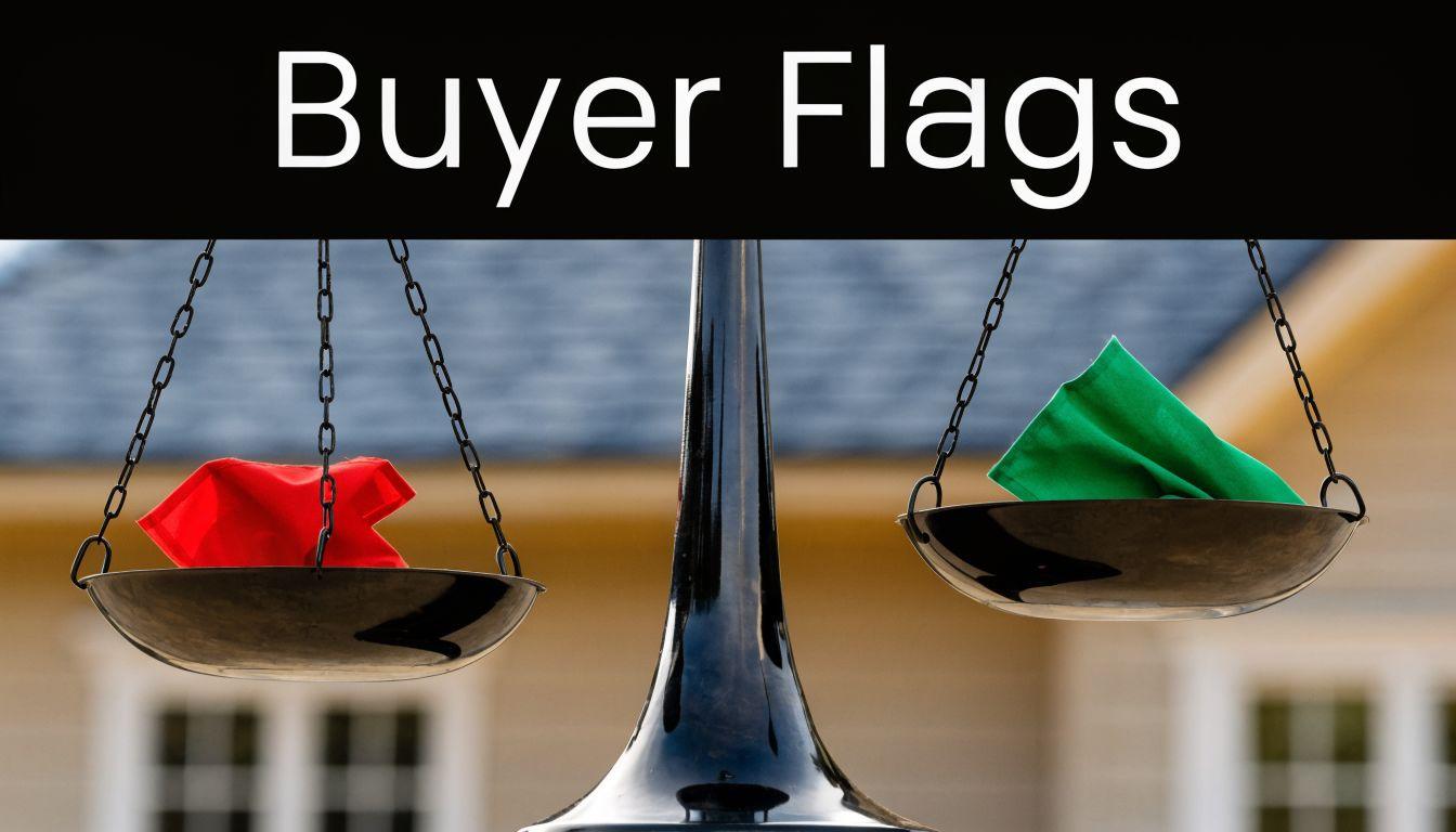 A conceptual balance scale displaying a red flag and a green flag in front of a home.