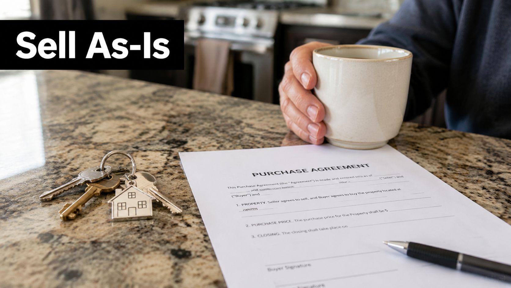 A person holding a coffee cup next to a purchase agreement document and house keys on a counter.
