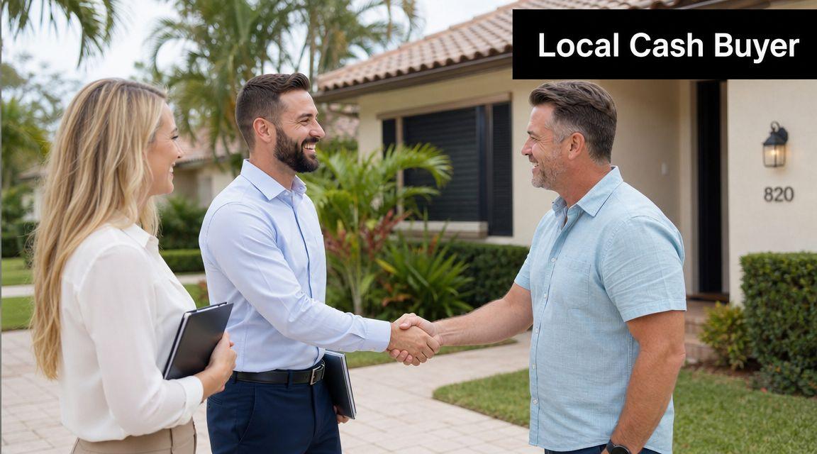 A professional woman and a man shaking hands with a homeowner in front of a residential house.