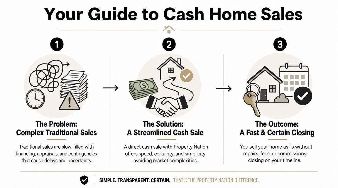 A three-step infographic explaining how Property Nation provides a fast and streamlined cash home sale process.