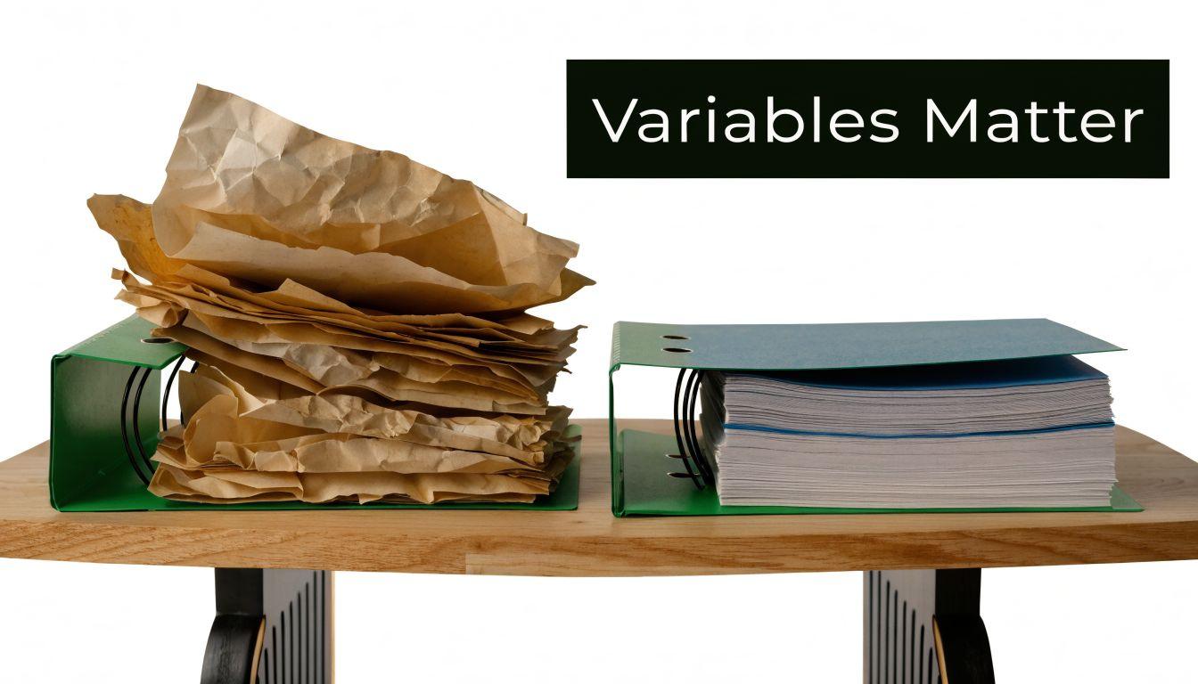 A wooden table displays two binders, one filled with disorganized wrinkled paper and another with orderly sheets.