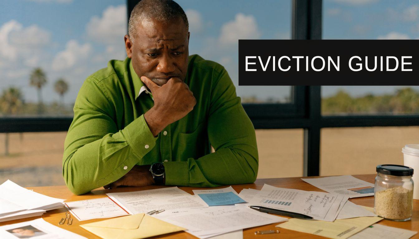 A concerned man sitting at a desk reviewing legal documents related to an eviction process.