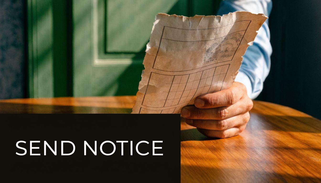A person holding a worn, grid-lined document while sitting at a wooden desk, symbolizing official eviction notices.
