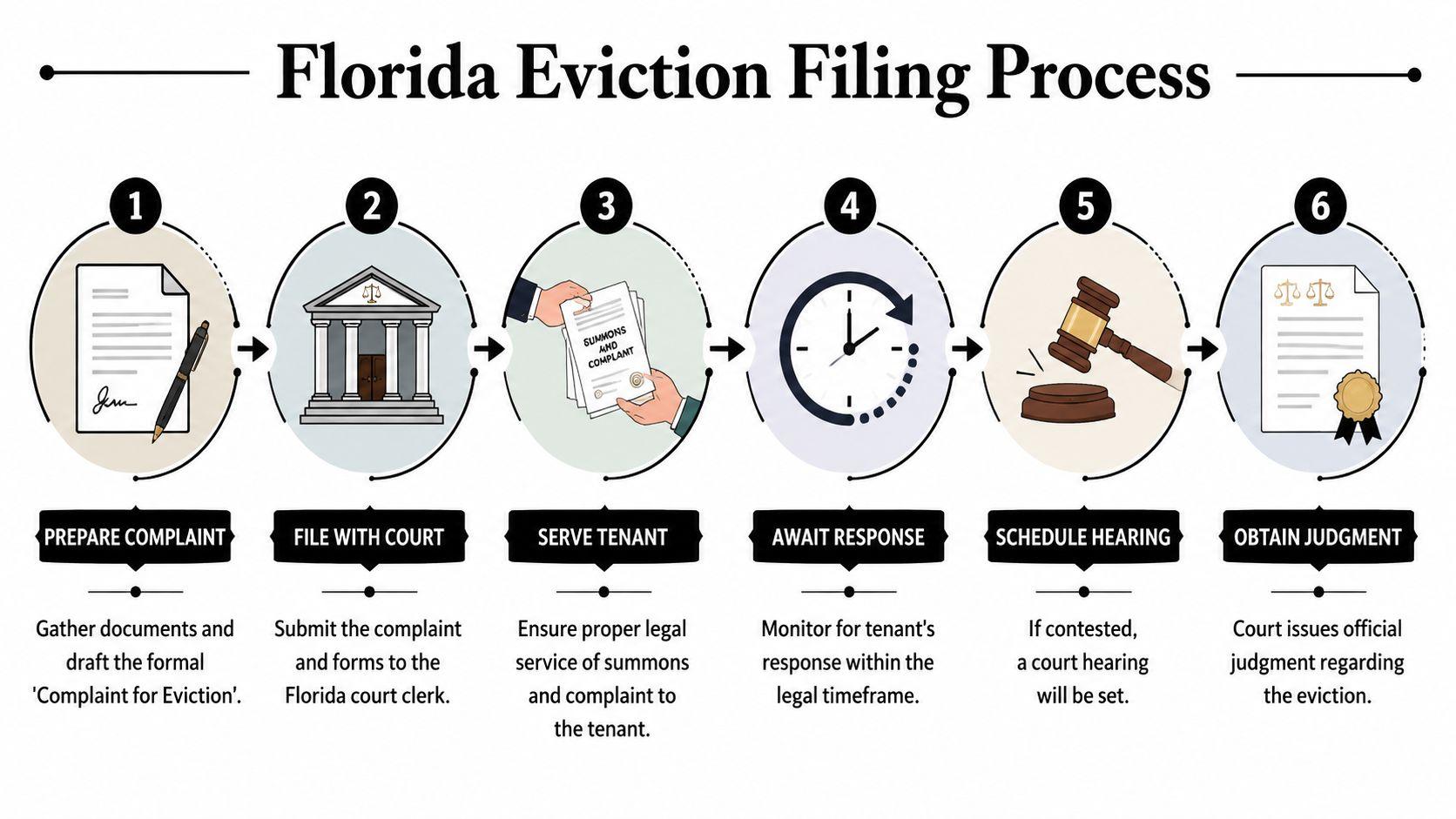 A six-step infographic detailing the legal process for filing an eviction against a tenant in Florida.