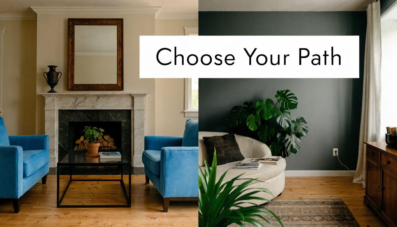 A split-screen view comparing a bright traditional fireplace living room with a modern moody dark-walled interior.