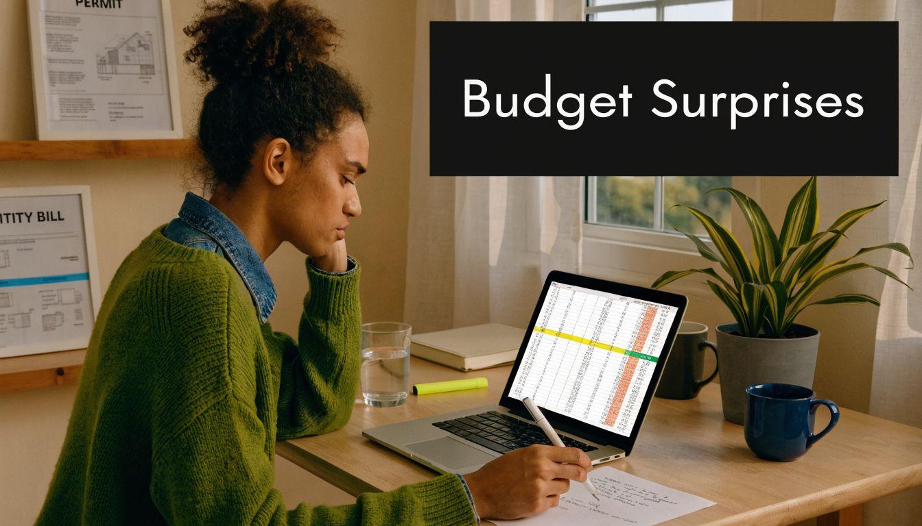 A woman working on a laptop while analyzing budget spreadsheets at a desk with a plant.