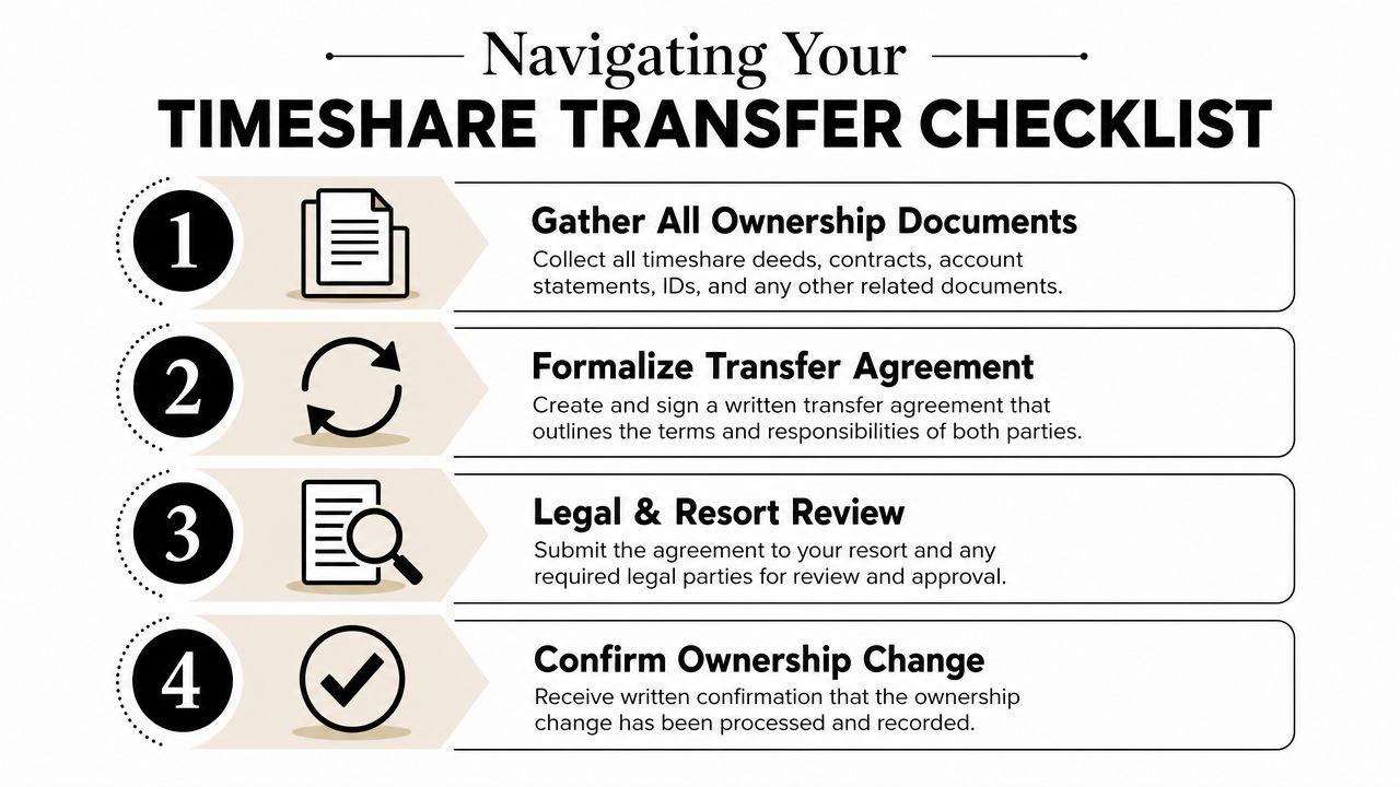 A four-step checklist illustration detailing the process for transferring timeshare ownership to a new owner.