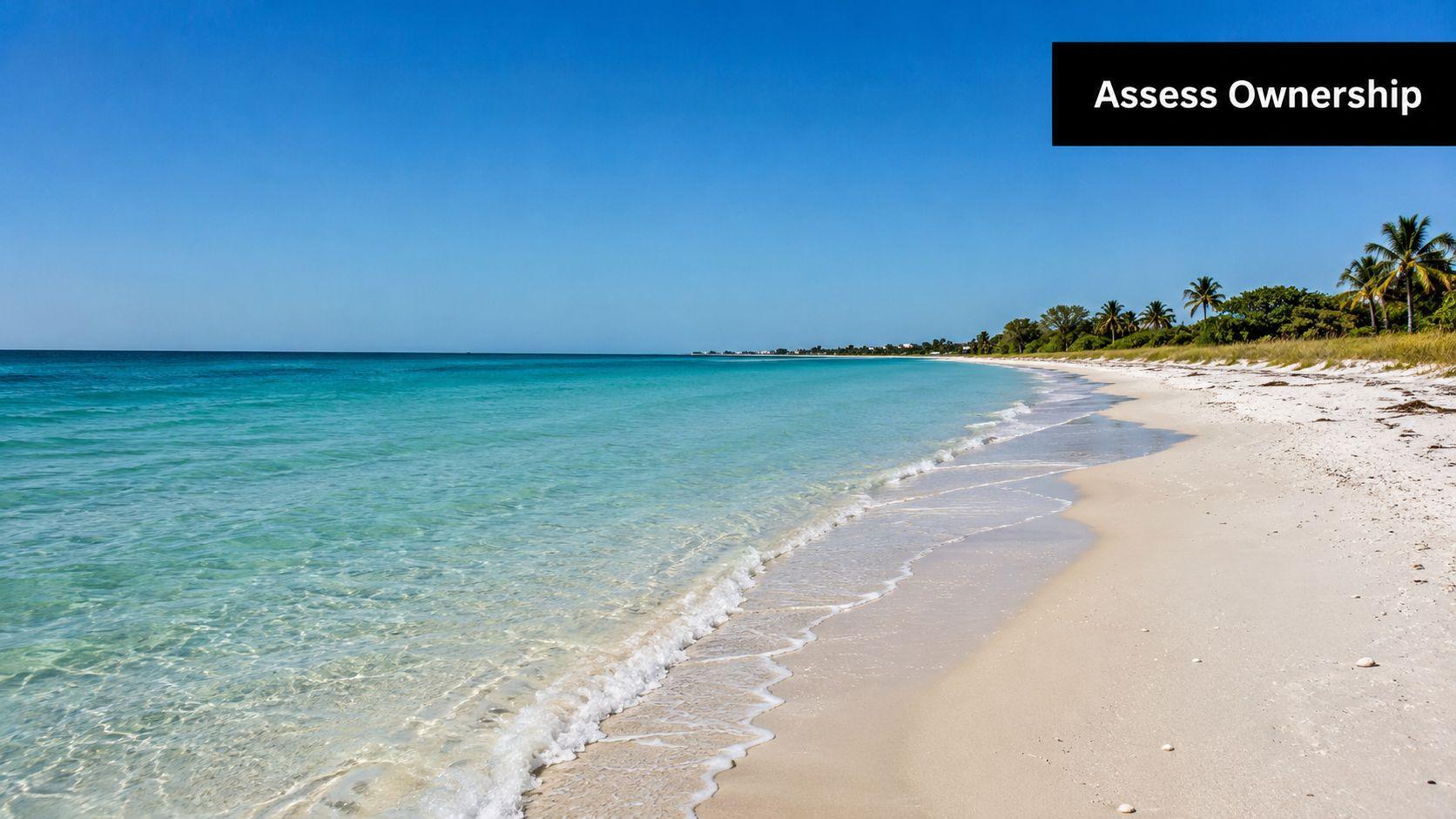 A serene tropical beach with white sand, clear turquoise water, and palm trees under a bright sky.