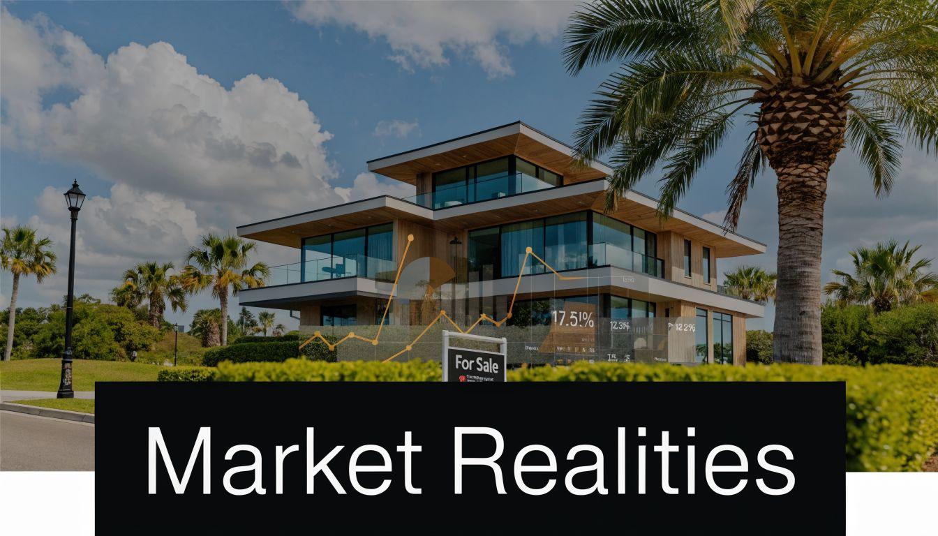 A modern luxury house for sale in Florida with an overlaid financial graph showing market growth trends.