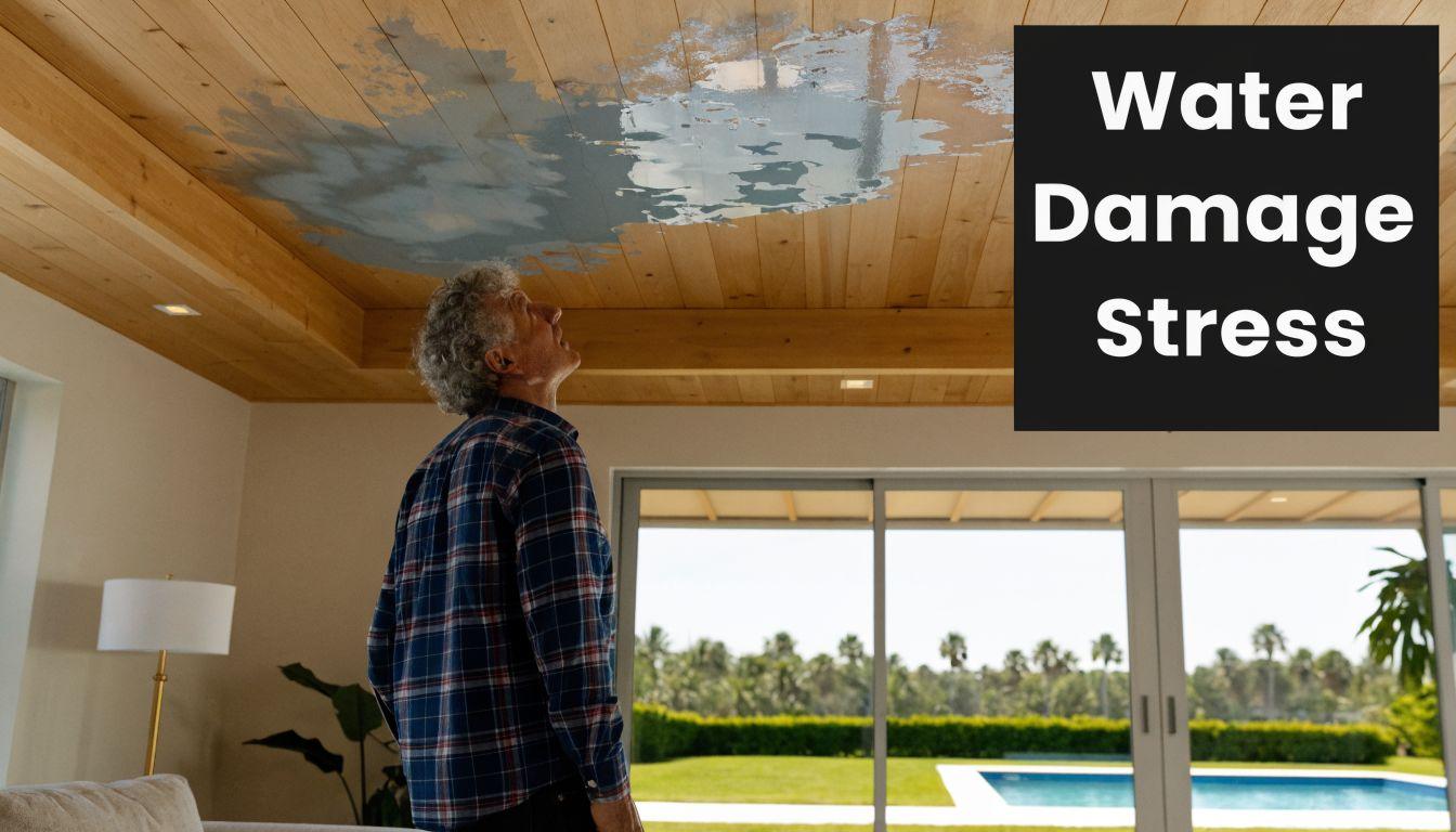 An older man looking up at a damaged wood ceiling with a large water stain leak.