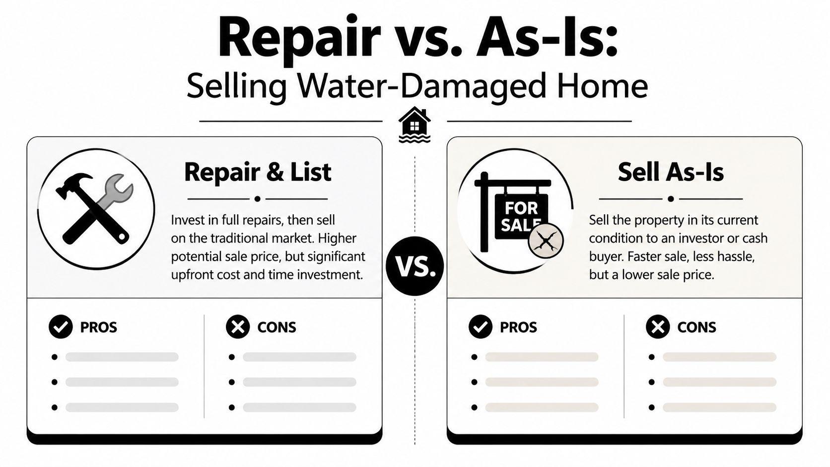 An infographic comparing the pros and cons of repairing versus selling a water-damaged home as-is.