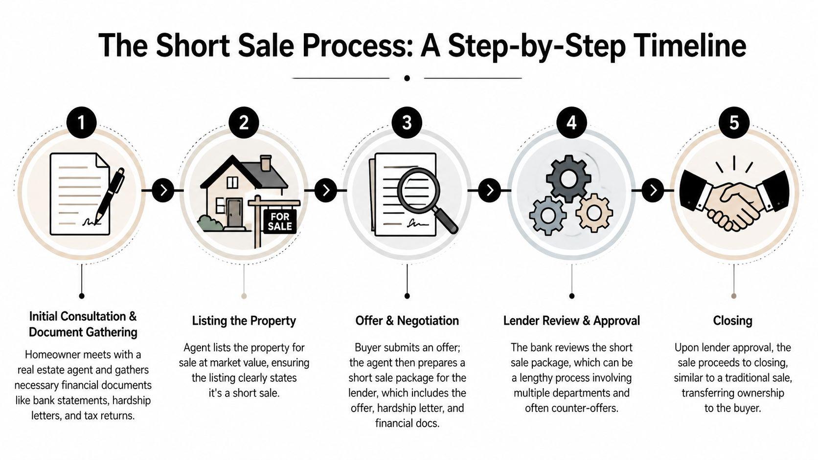 A step-by-step infographic illustrating the five stages of the short sale process for a home.
