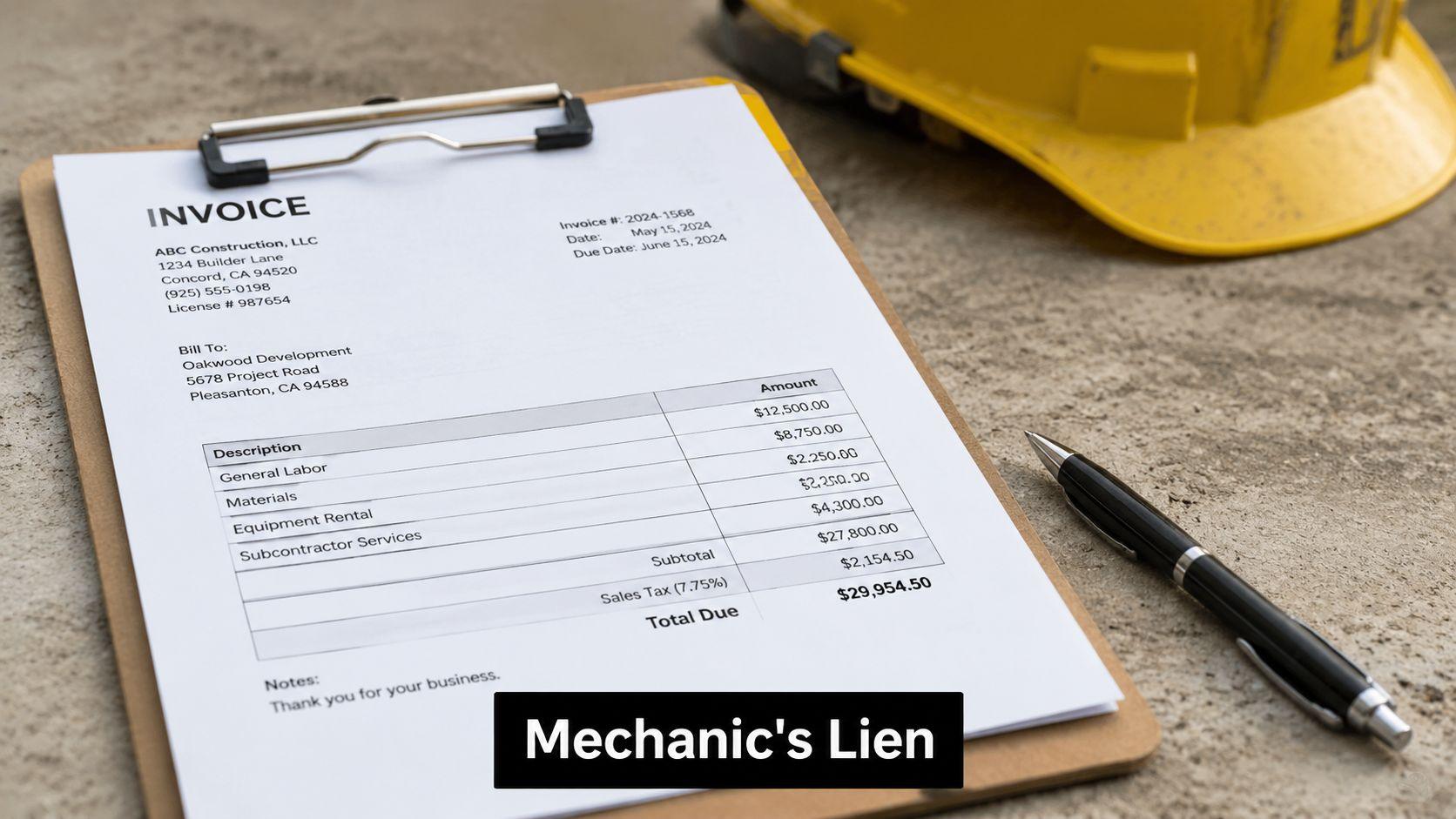 An invoice from ABC Construction lying on a concrete surface next to a hard hat and pen.