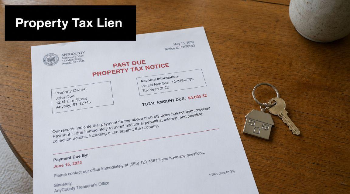 A past due property tax notice document on a wooden table next to a house key keychain.