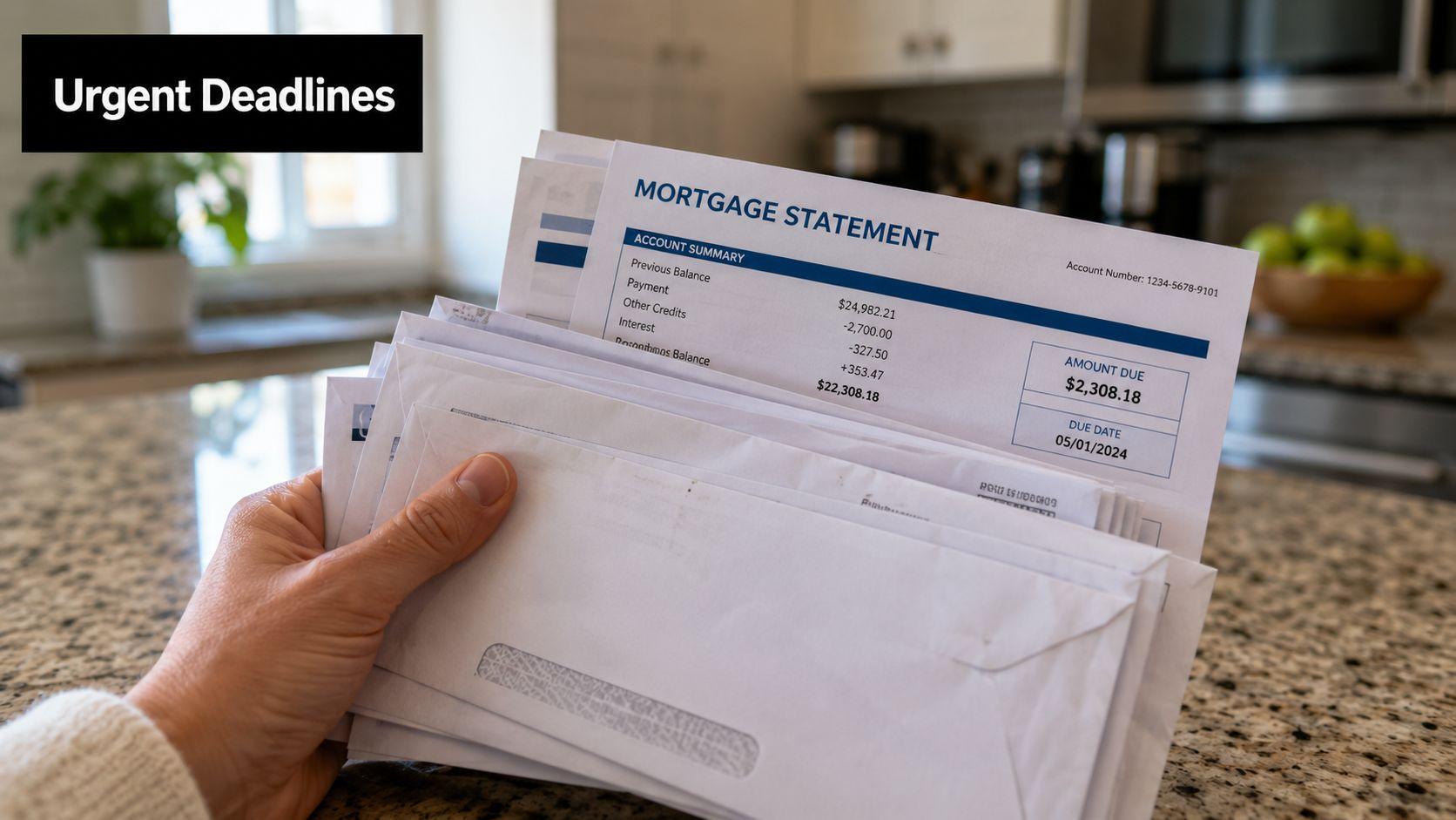 A person holds a pile of mail and a mortgage statement, representing urgent financial home ownership deadlines.