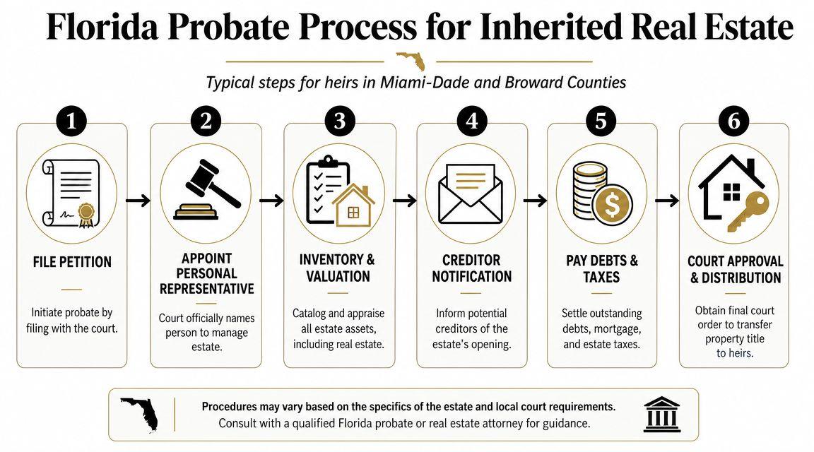 A six-step infographic detailing the legal probate process for inheriting real estate in Florida.