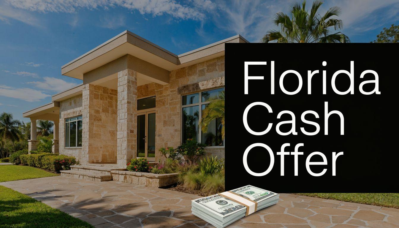 A modern stone house exterior with a stack of hundred dollar bills representing a Florida cash offer.