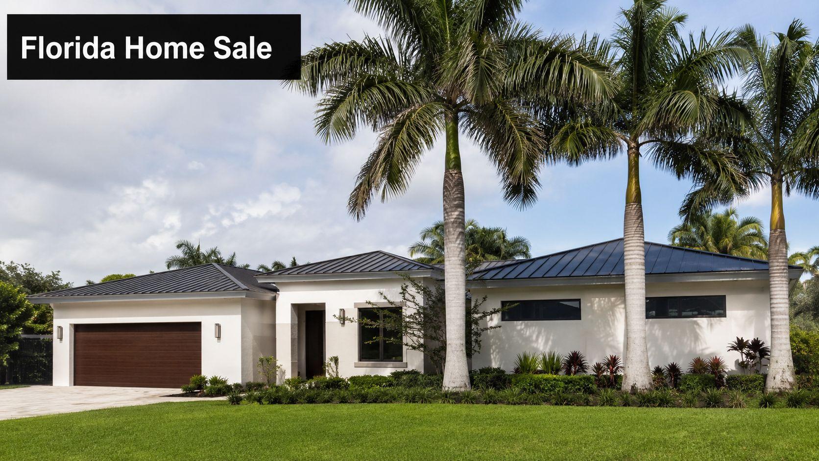 A modern single-story Florida home with a brown garage, white exterior, and tall palm trees in front.
