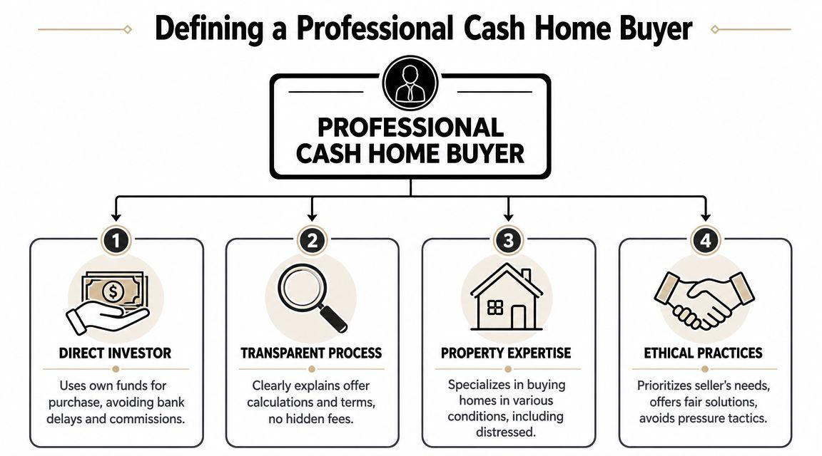 A professional infographic outlining the four key characteristics of a legitimate cash home buyer in real estate.
