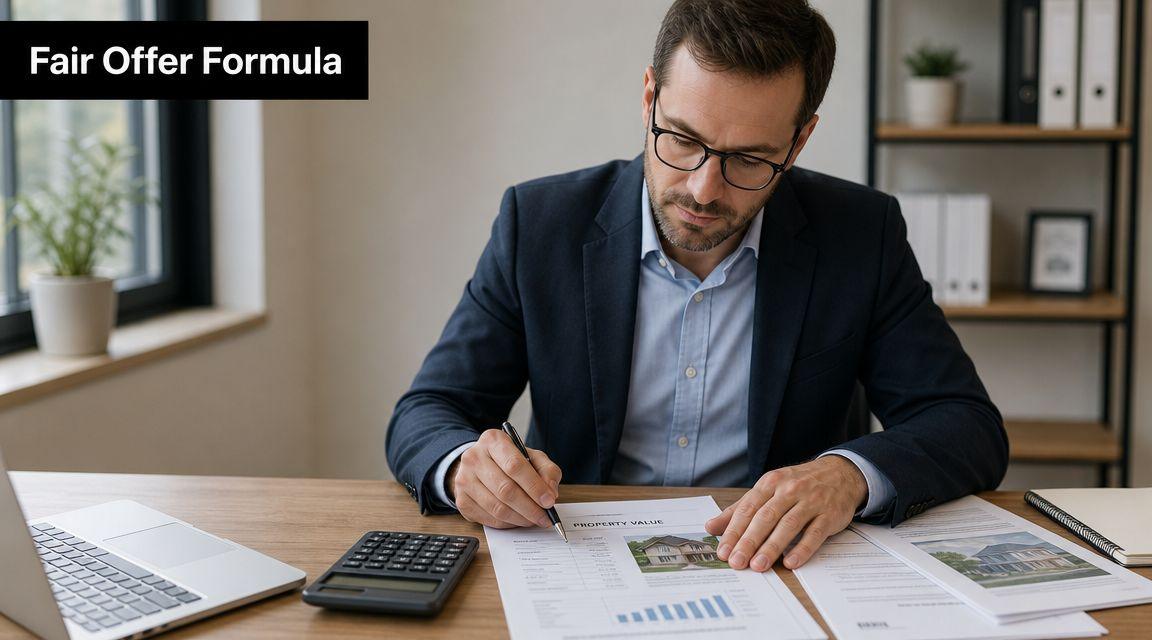 A professional man in a business suit reviewing property documents and calculating home values at his desk.