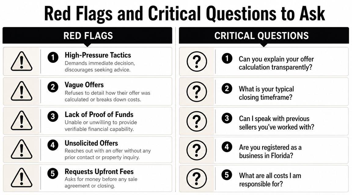 A list of red flags and critical questions to consider when evaluating cash home buyer offers.