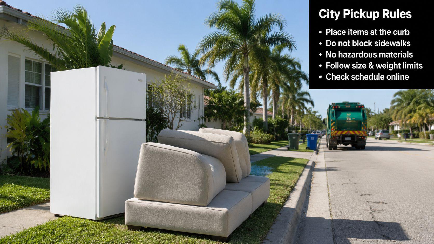 A refrigerator and a couch left at the curbside in front of a house for municipal bulk pickup.