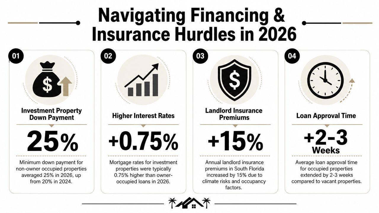 An infographic detailing four financing and insurance hurdles for buying investment properties in 2026.
