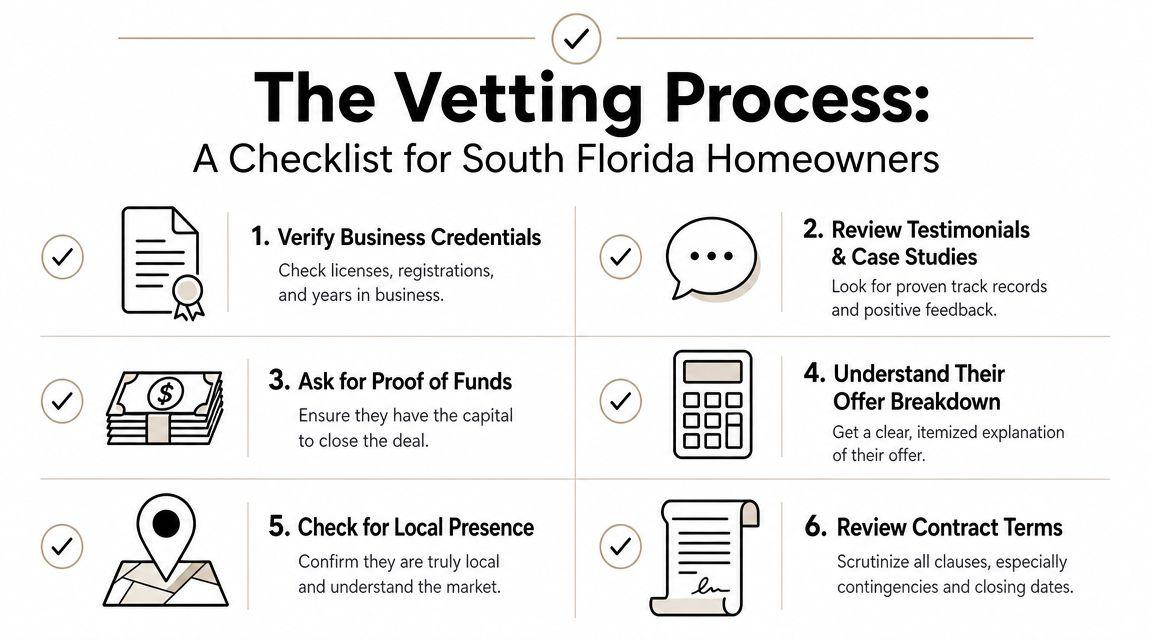 A checklist for South Florida homeowners on how to vet professional cash home buyers and investors.