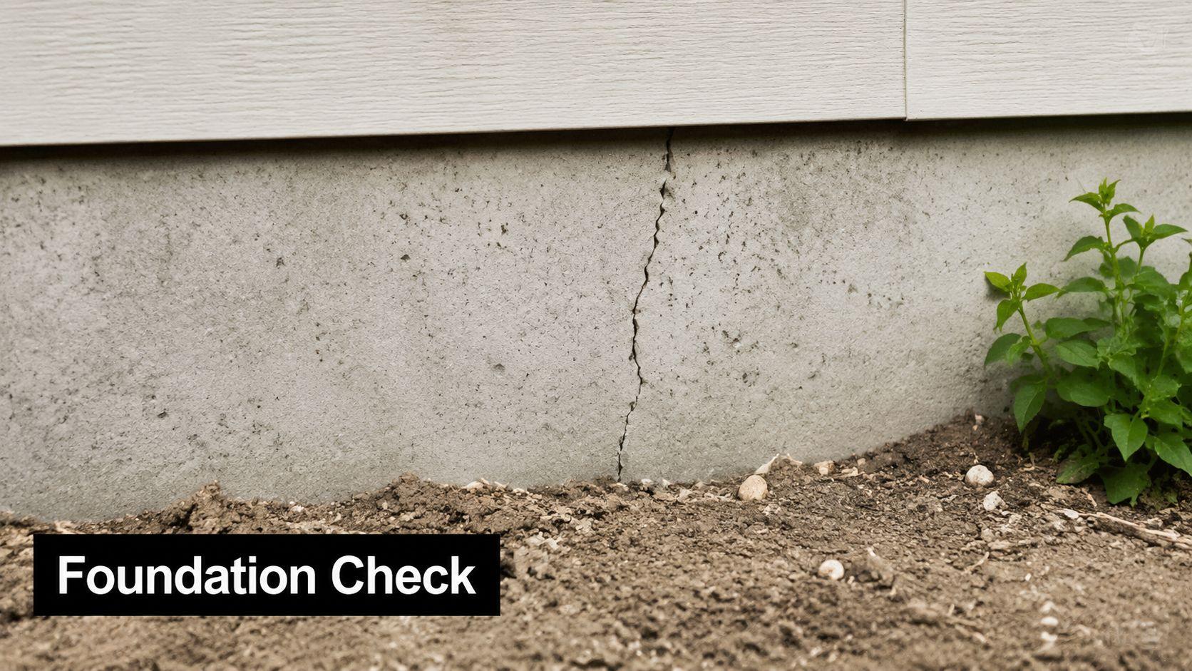 A close-up view of a vertical crack in a residential concrete foundation wall during a inspection.