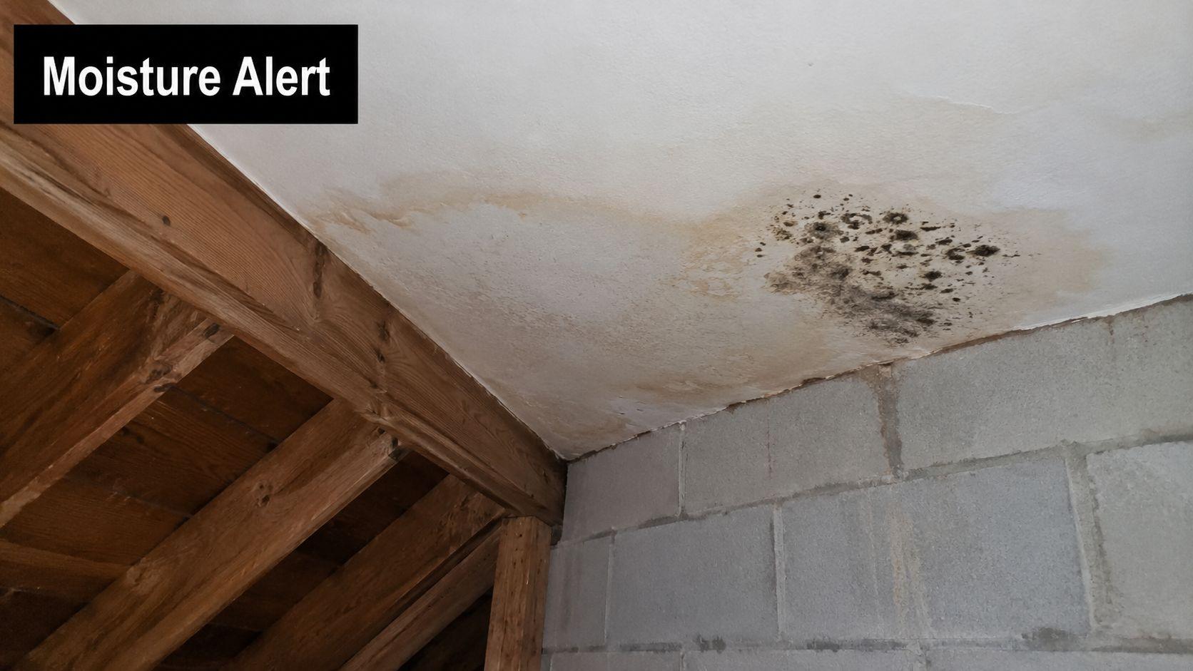 A close-up view of water damage and dark mold growth on a basement ceiling.