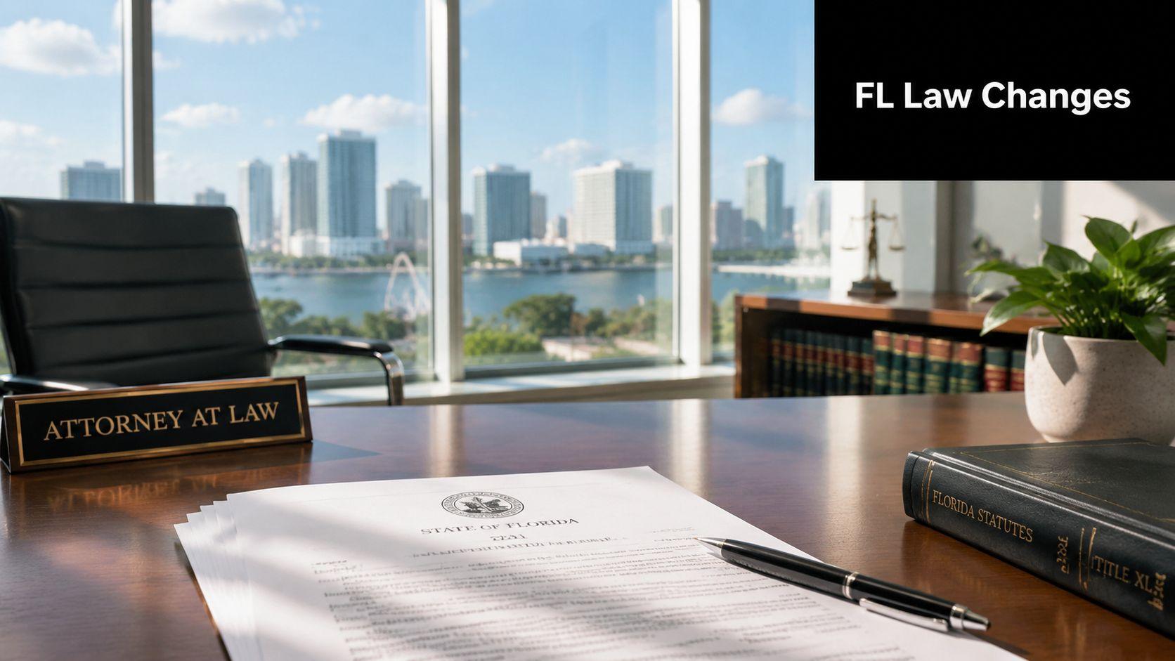 An attorney's desk featuring a document, Florida Statutes book, and office view of a city skyline.